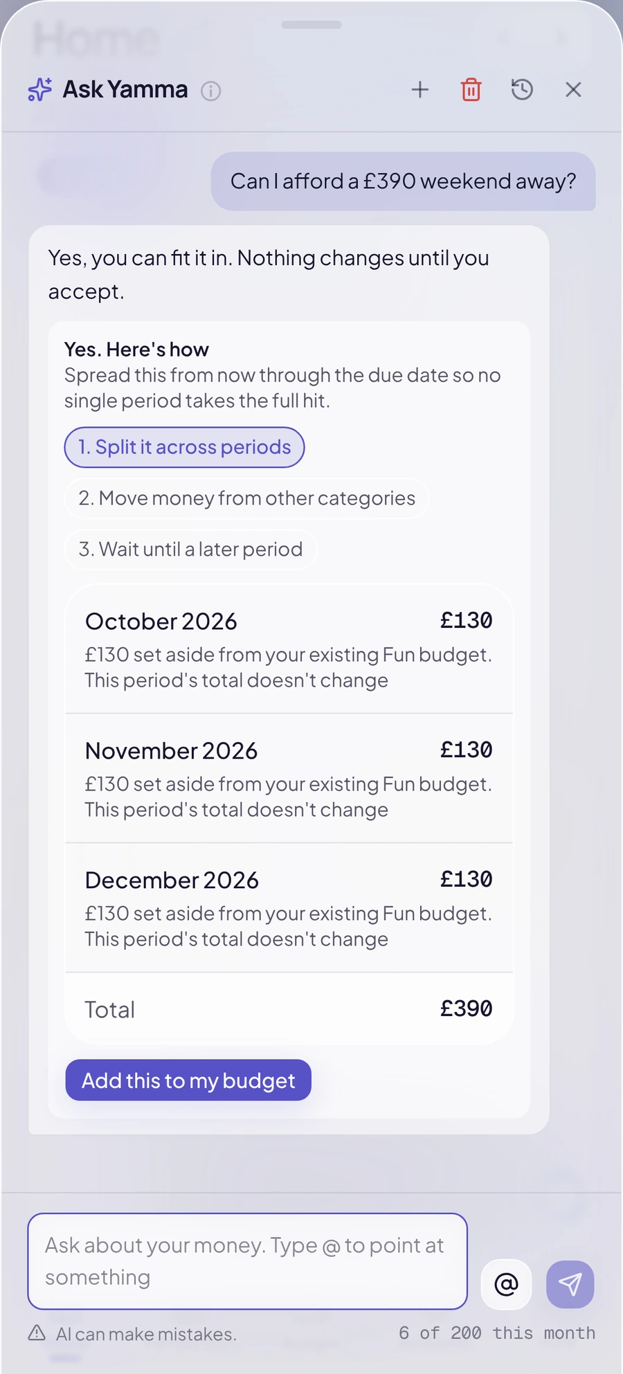 Ask Yamma on a phone: asked whether a weekend away is affordable, it answers yes and shows which budgets the money would come from, with an Add this to my budget button.